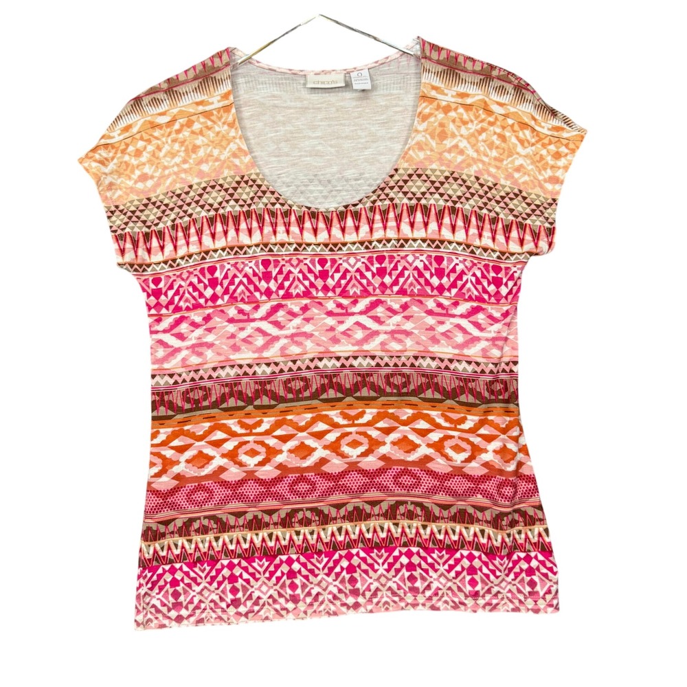 Chicos Top 0 Womens 4 Pink Orange Geometric Tribal Print Scoop Neck Short Sleeve